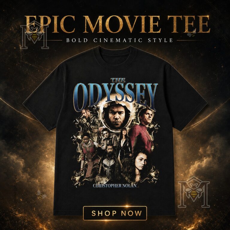 The Odyssey Christopher Nolan Movie Cast T-Shirt - front view showing full character collage