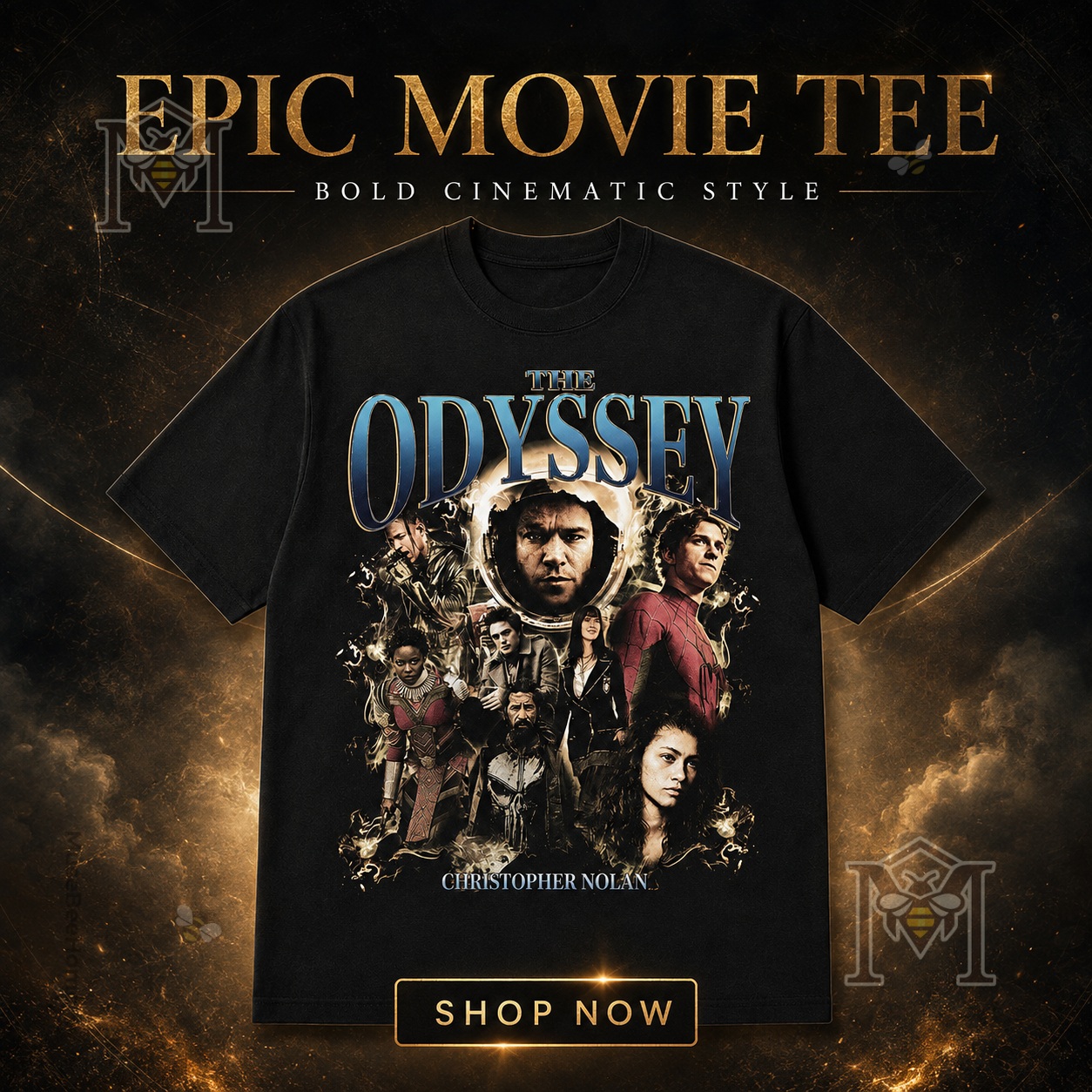 The Odyssey Christopher Nolan Movie Cast T-Shirt - front view showing full character collage