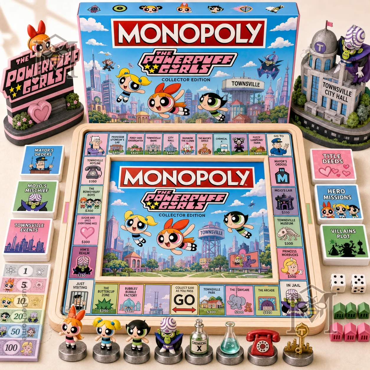The Powerpuff Girls Monopoly board game with collector box and character tokens
