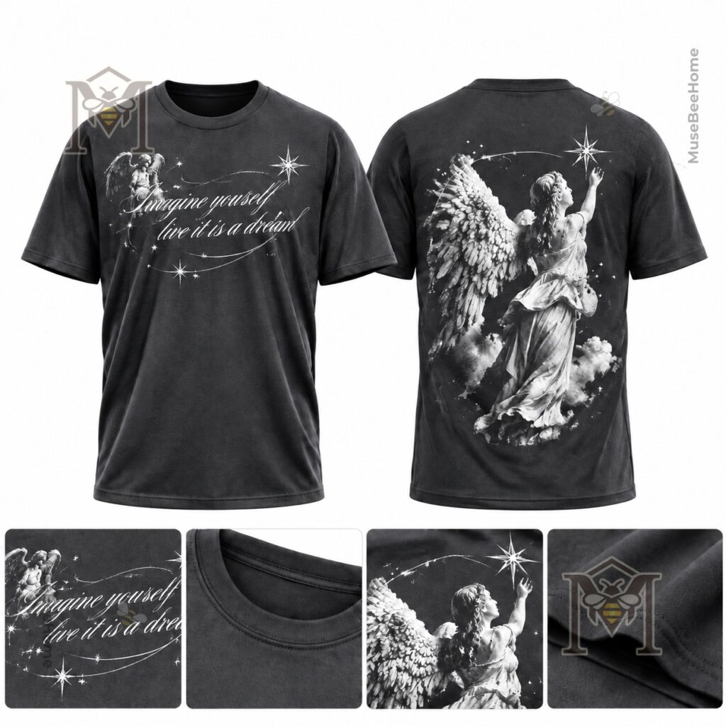 Front view featuring script quote, angels, stars, and orbital lines