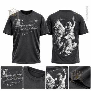 Front view featuring script quote, angels, stars, and orbital lines