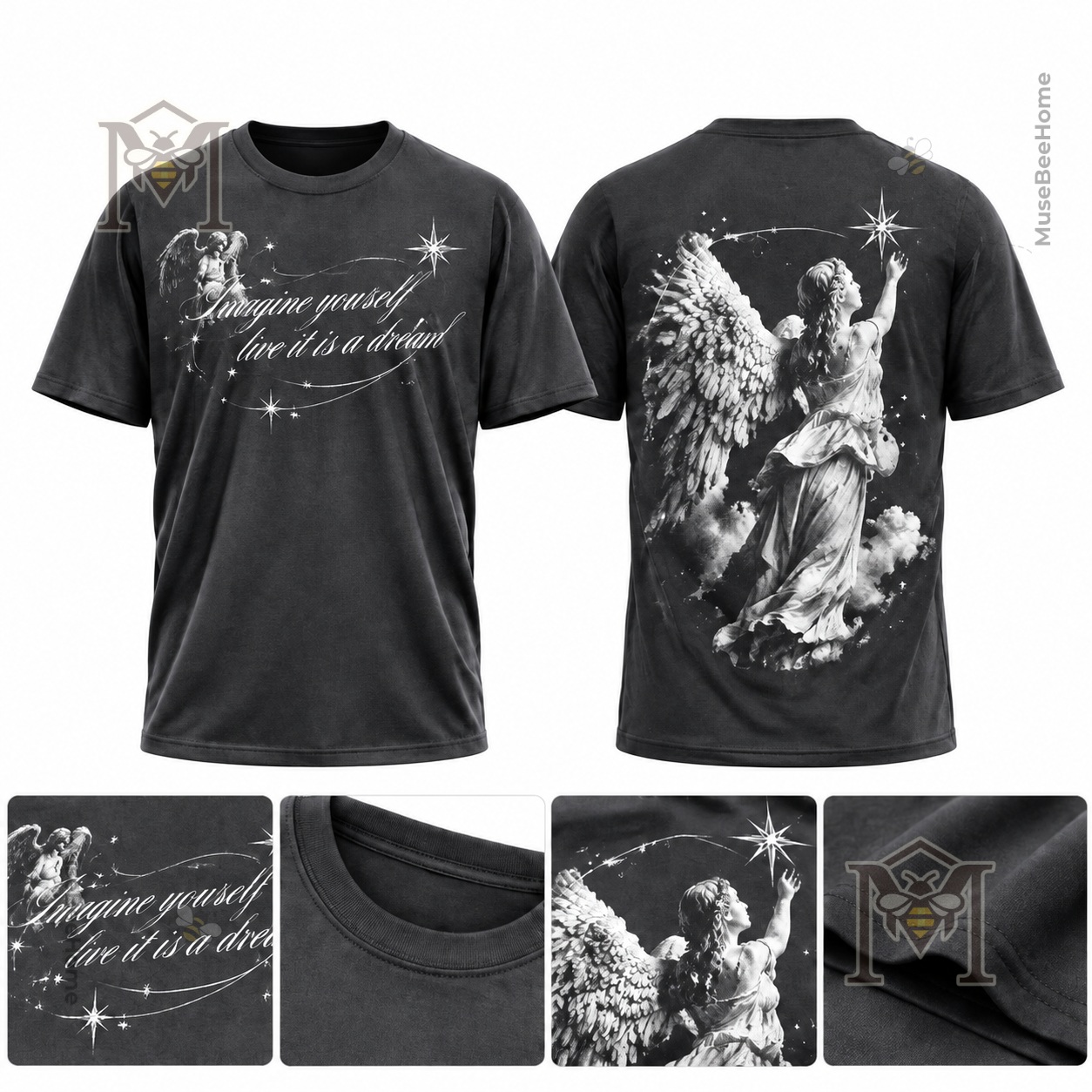 Front view featuring script quote, angels, stars, and orbital lines