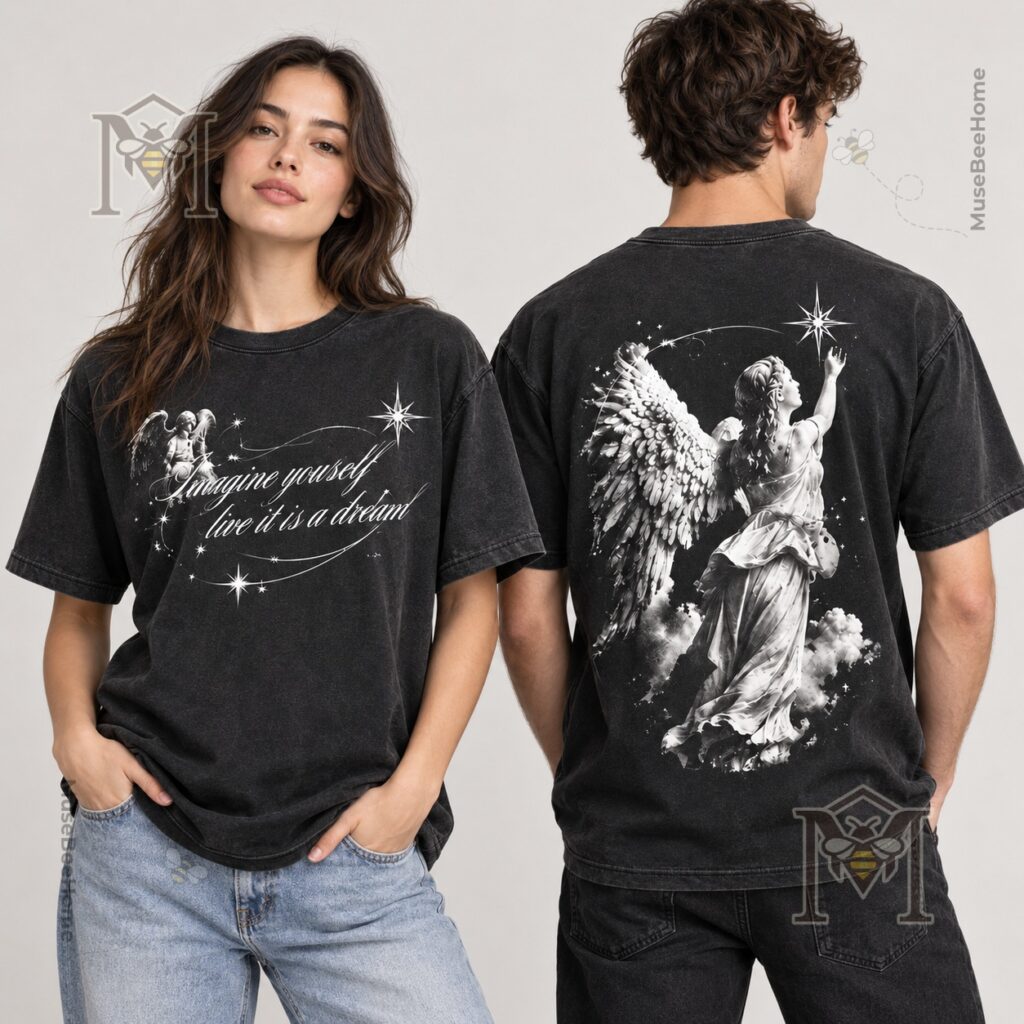 Back view showing winged angel artwork with celestial star details