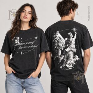 Back view showing winged angel artwork with celestial star details