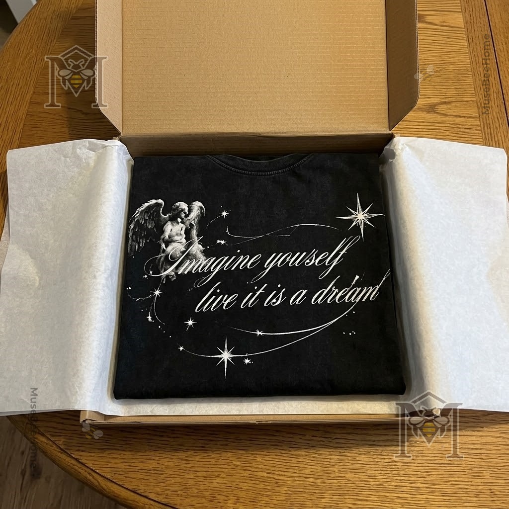 Close view of black shirt with white angelic graphics and lettering
