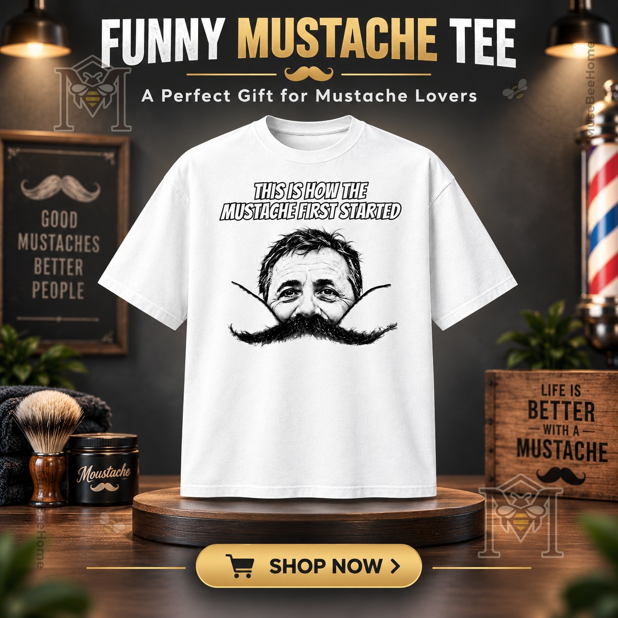This Is How the Mustache First Started T-Shirt - front view with portrait and curled mustache graphic