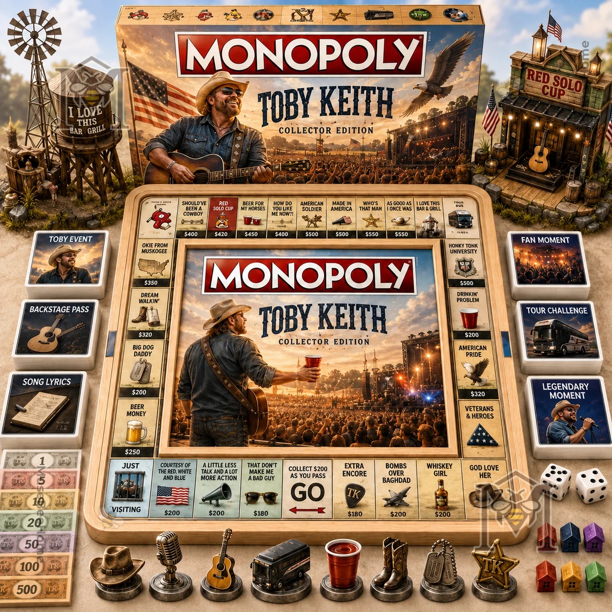 Toby Keith Board Game - full board, box, cards, tokens, and dice displayed