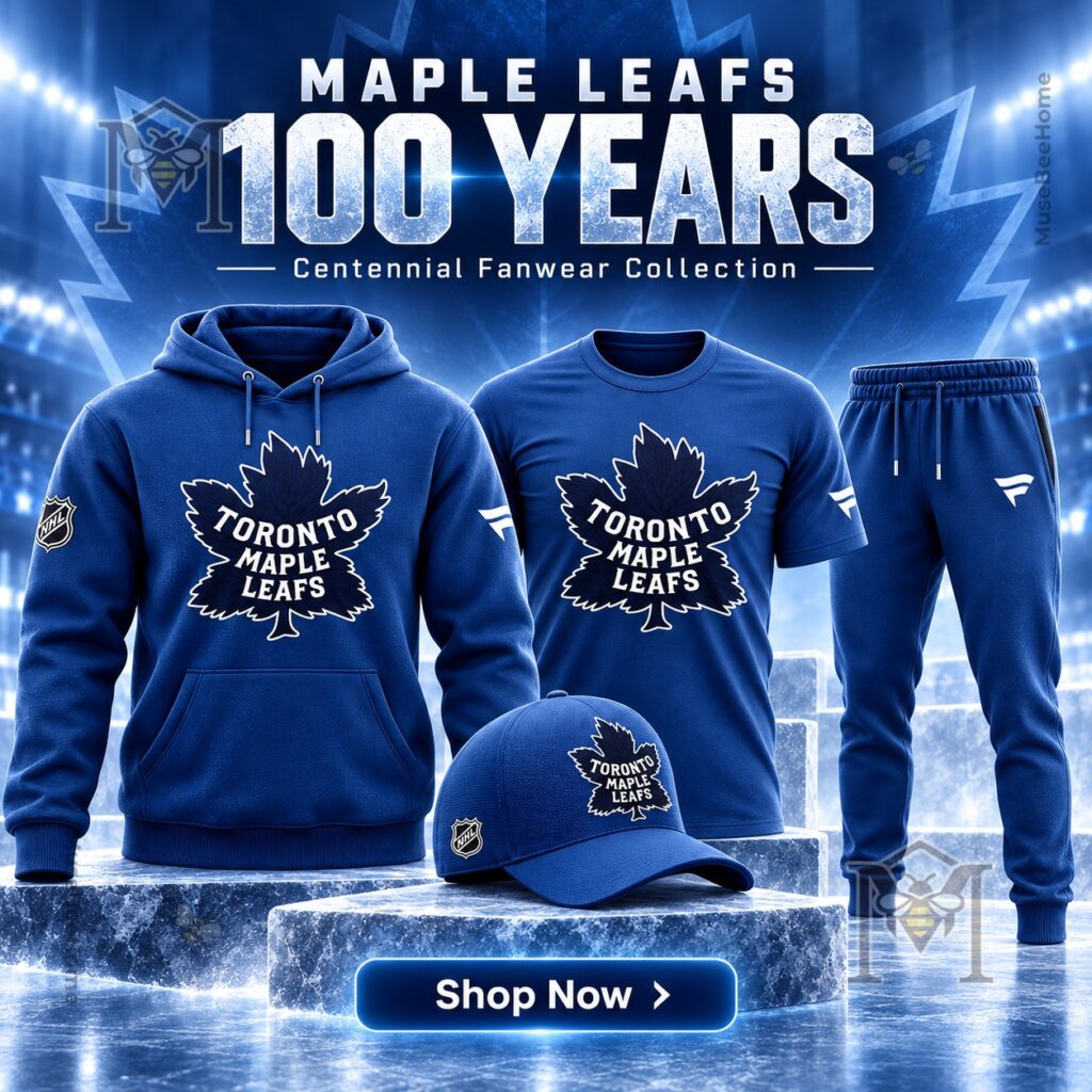 Toronto Maple Leafs 100 Years Centennial T-Shirt - front view among matching blue fanwear
