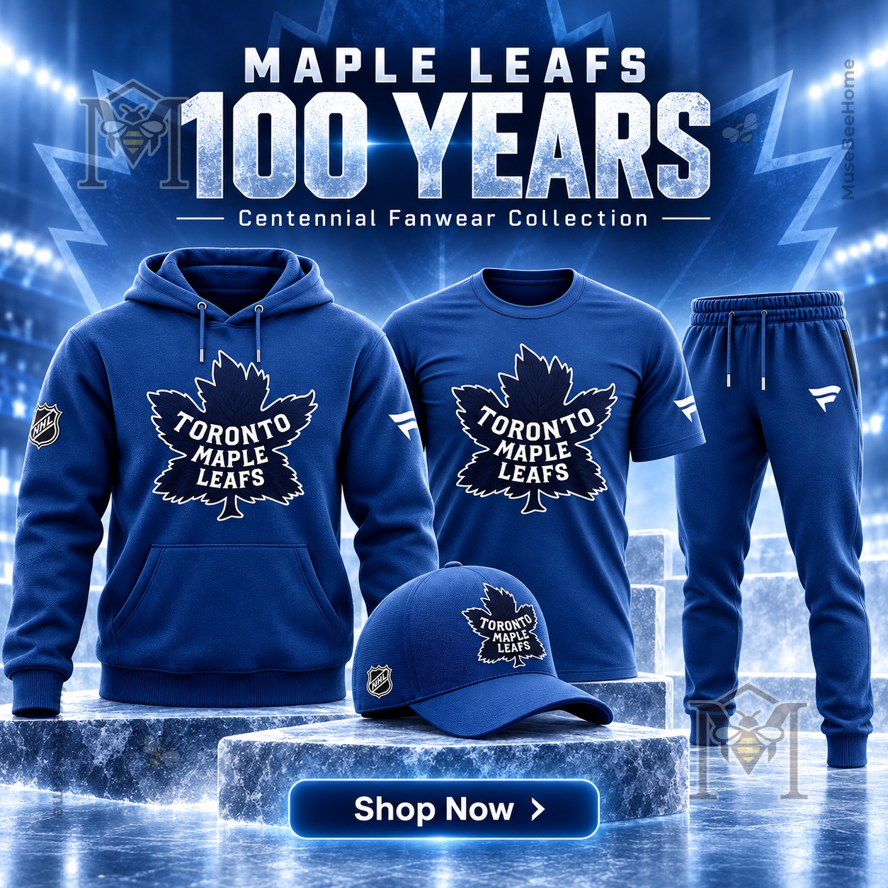 Toronto Maple Leafs 100 Years Centennial T-Shirt - front view among matching blue fanwear