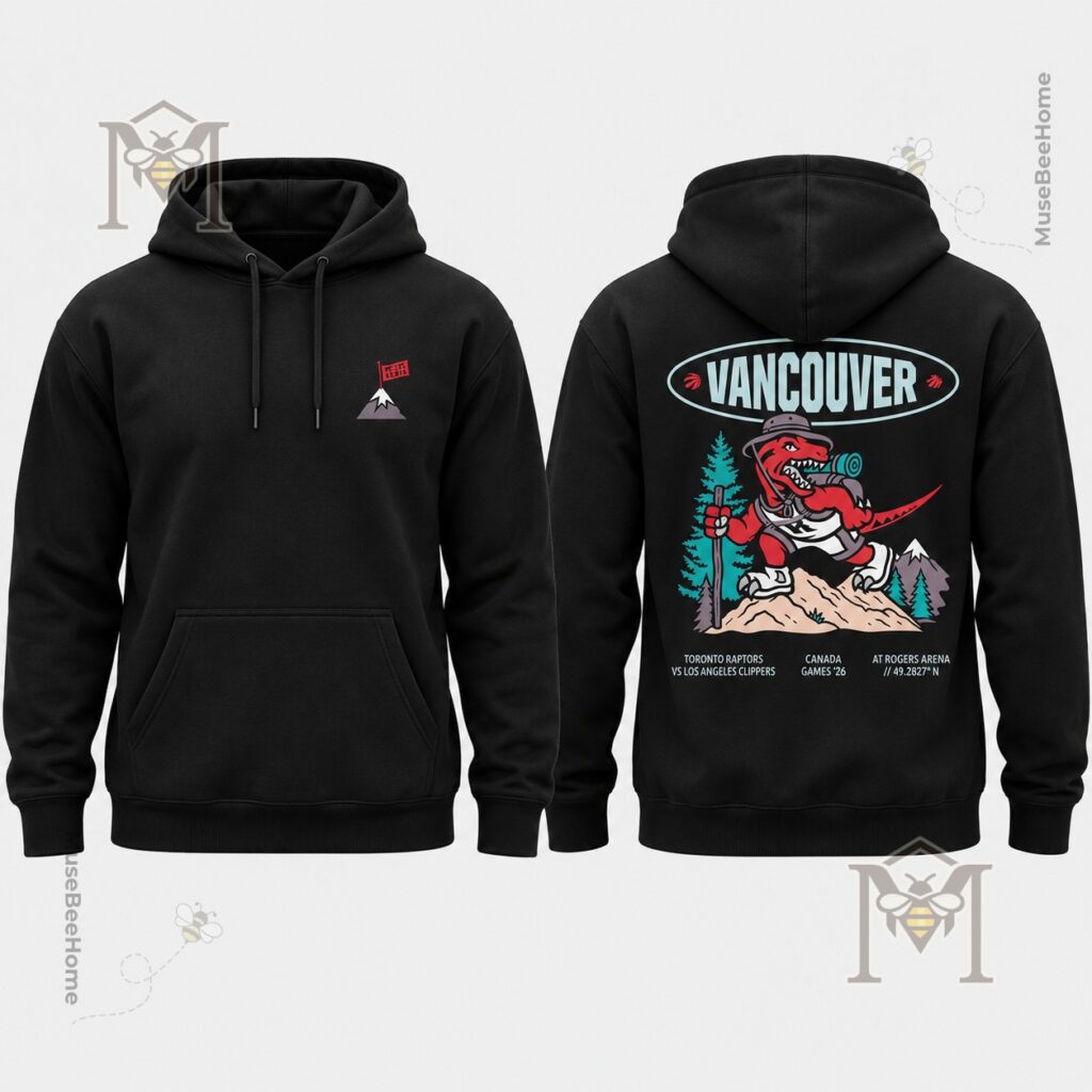 Toronto Raptors 2026 Vancouver Canada Games T-Shirt - back graphic featuring Vancouver oval logo