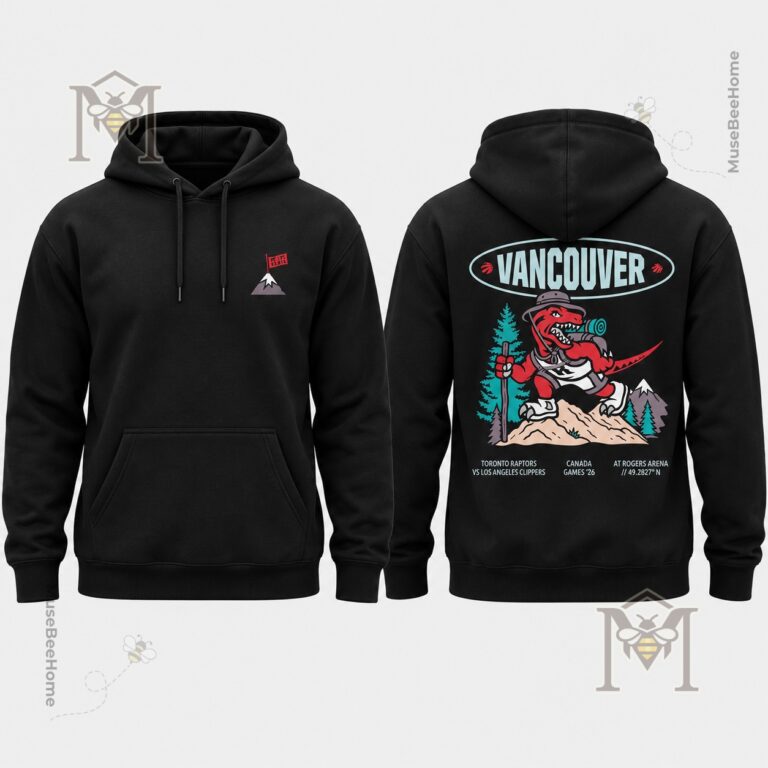 Toronto Raptors 2026 Vancouver Canada Games T-Shirt - back graphic featuring Vancouver oval logo