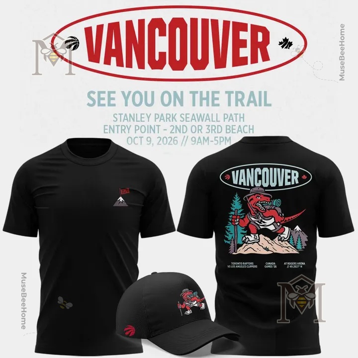 Toronto Raptors 2026 Vancouver Canada Games T-Shirt - front and back views with matching cap