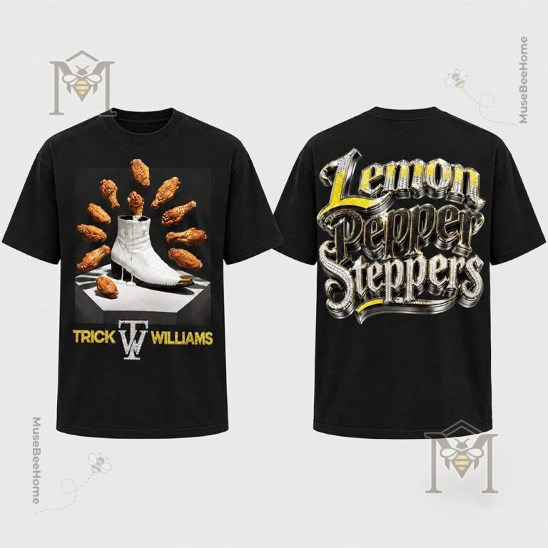 Trick Williams Lemon Pepper Steppers WWE T-Shirt - front and back views with boot and chicken graphics