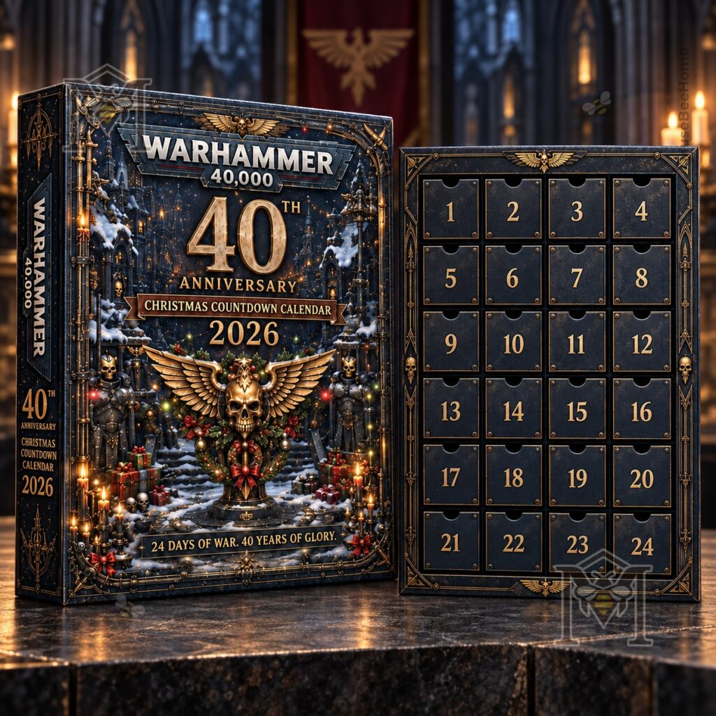 Warhammer 40,000 40th Anniversary Christmas 2026 Advent Calendar - close-up of anniversary branding