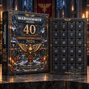 Warhammer 40,000 40th Anniversary Christmas 2026 Advent Calendar - close-up of anniversary branding