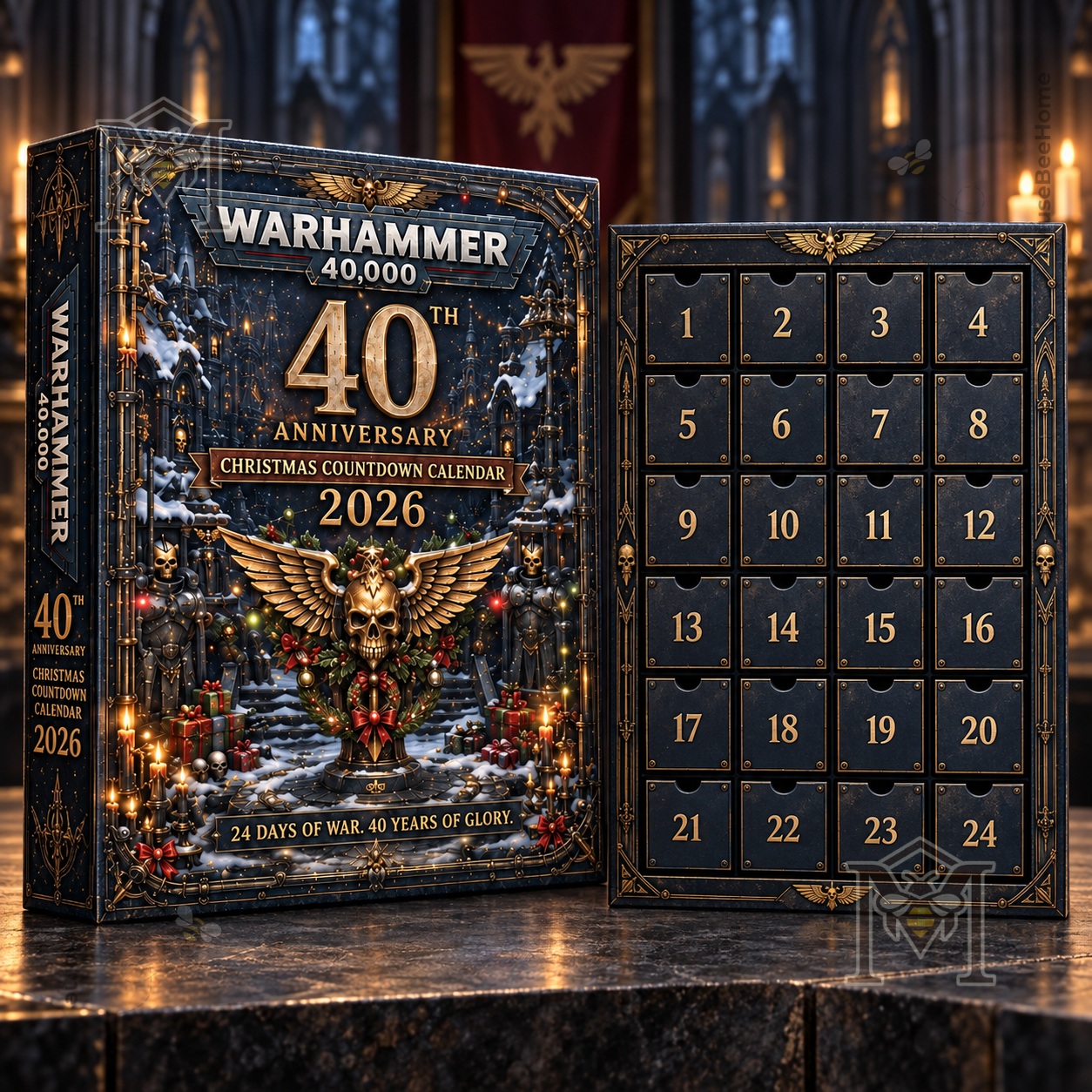 Warhammer 40000 40th Anniversary Christmas 2026 Advent Calendar - close-up of anniversary branding