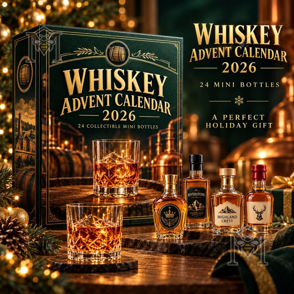 Whiskey 2026 24 Mini Bottles Advent Calendar – Front box with mini bottles Whiskey 2026 24 Mini Bottles Advent Calendar - front box with mini bottles displayed