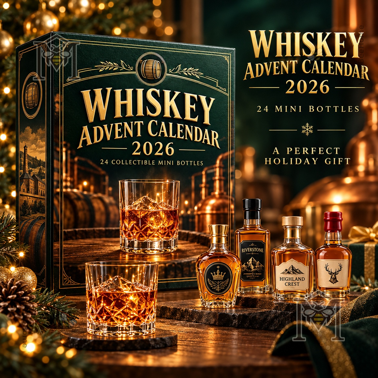 Whiskey 2026 24 Mini Bottles Advent Calendar - front box with mini bottles displayed