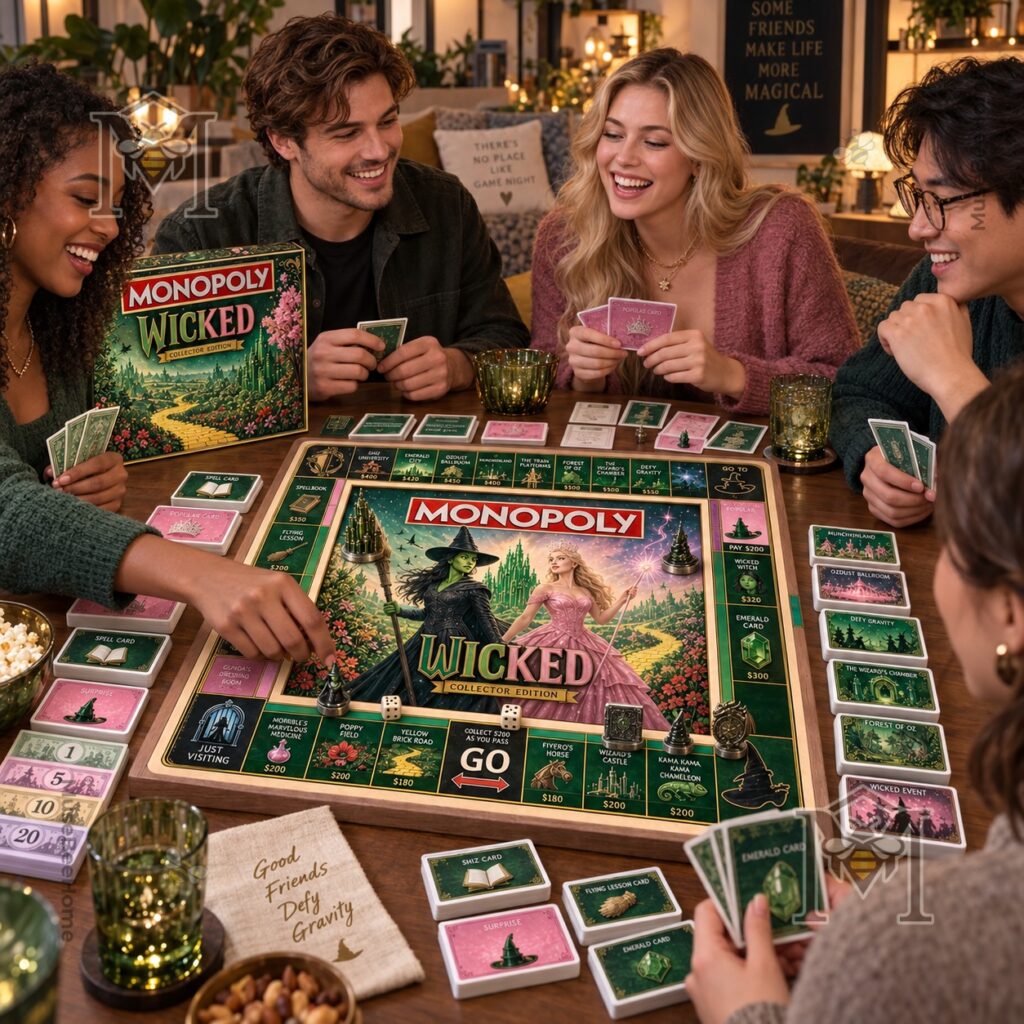 Wicked Monopoly Board Game – Group playing view with themed Wicked Monopoly Board Game - group playing view with themed board and box