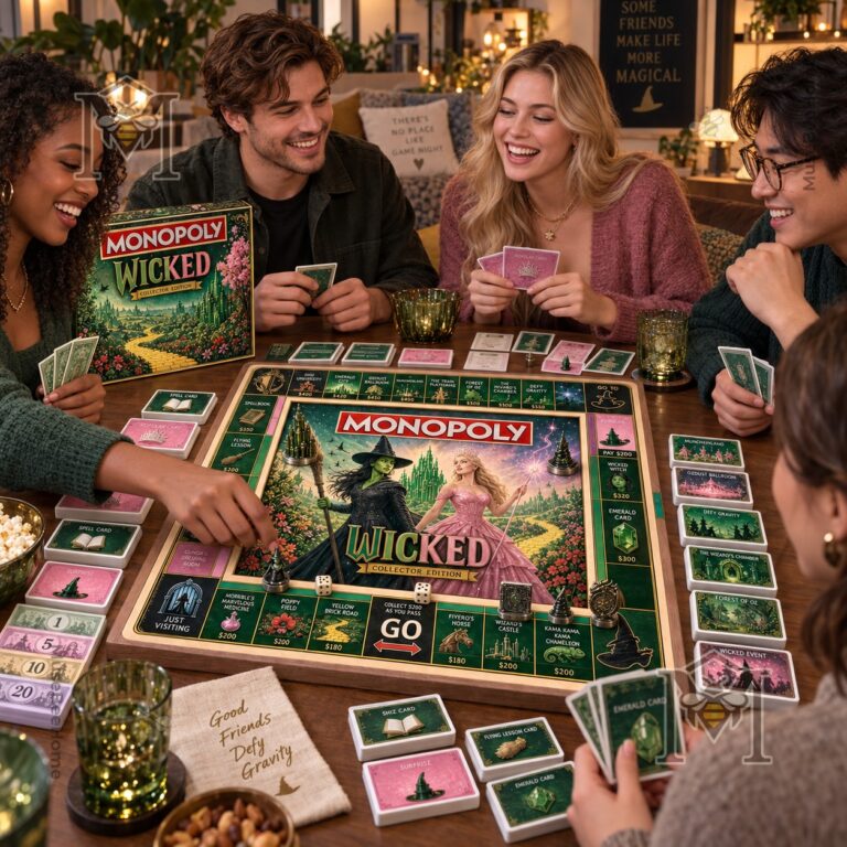 Wicked Monopoly Board Game - group playing view with themed board and box