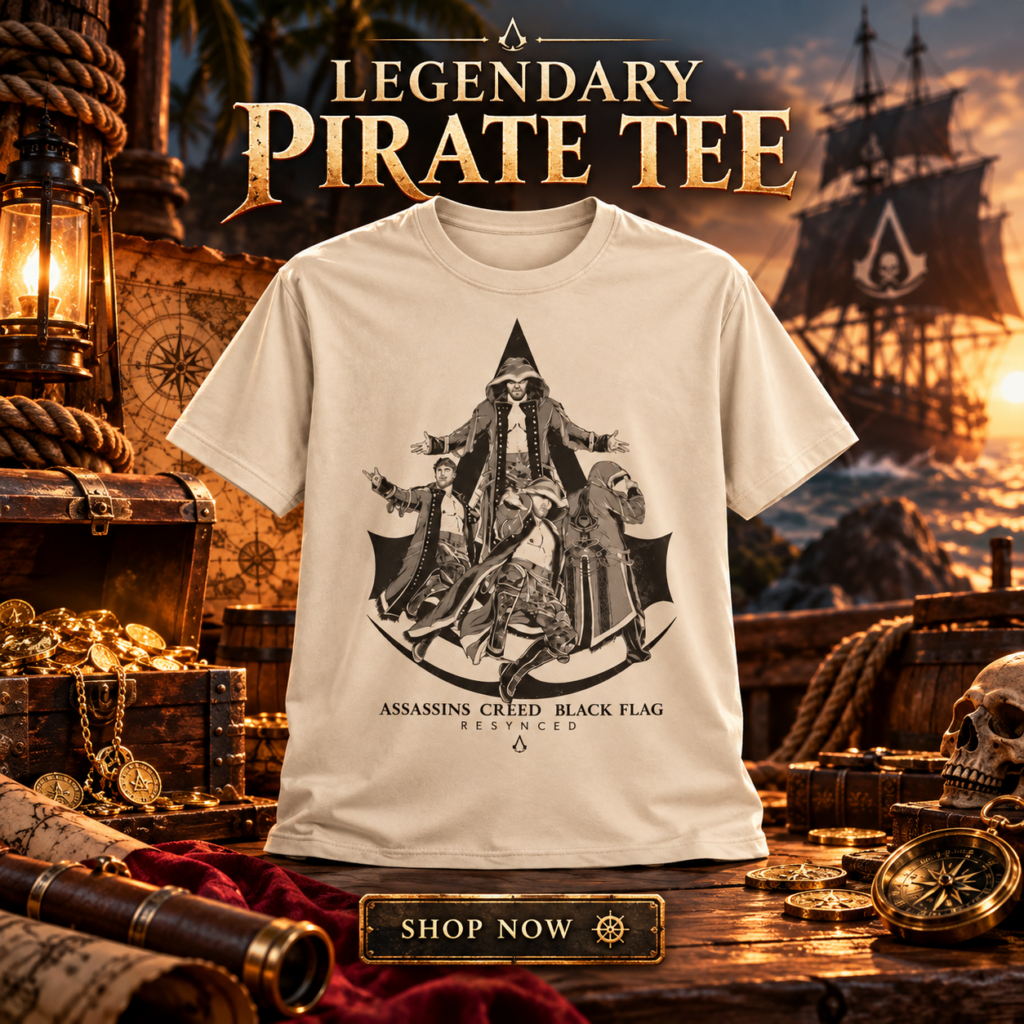 Will Ospreay Assassin's Creed Black Flag Resynced AEW T-Shirt - front view with pirate crew graphic