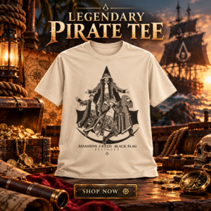 Will Ospreay Assassin's Creed Black Flag Resynced AEW T-Shirt - front view with pirate crew graphic